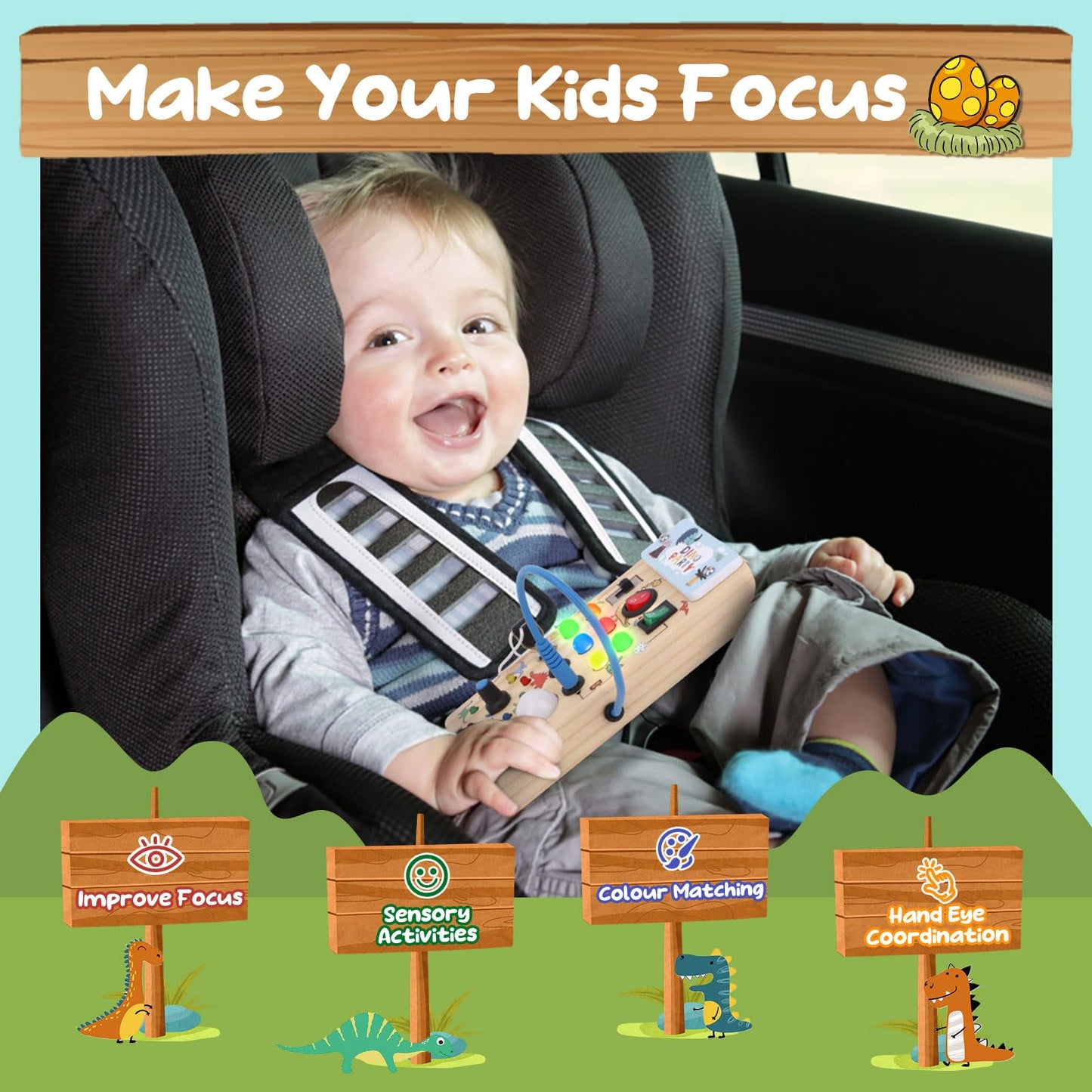 Dinosaur Light Switch Board - 8 Led Switches, Sensory Montessori Toy For 1+ Year Olds