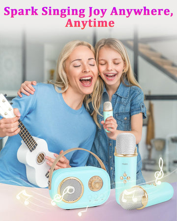 Mini Karaoke Machine For Kids&Adults,Portable Bluetooth Speaker With 2 Wireless Microphones And Stereo Sound Enhanced Bass,Gifts