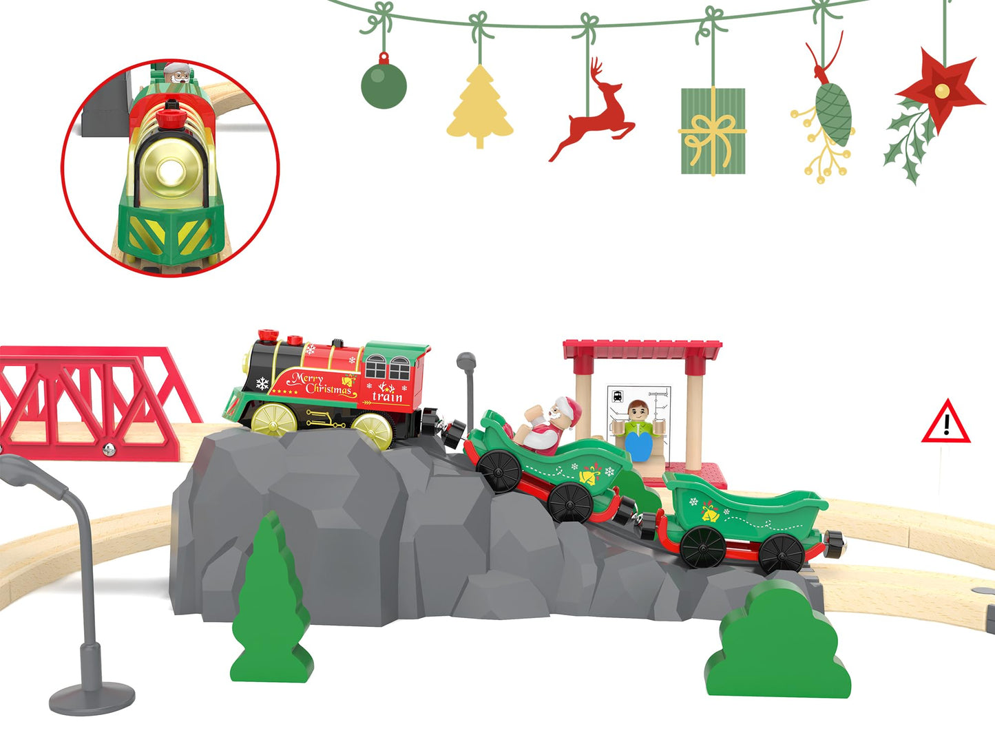 Christmas Train Set For Toddlers, Electric Train Toys For Wooden Tracks, Battery Powered Toy Train Includes Music & Lighting, Motorized Train Compatible With Brio, Thomas & Friends