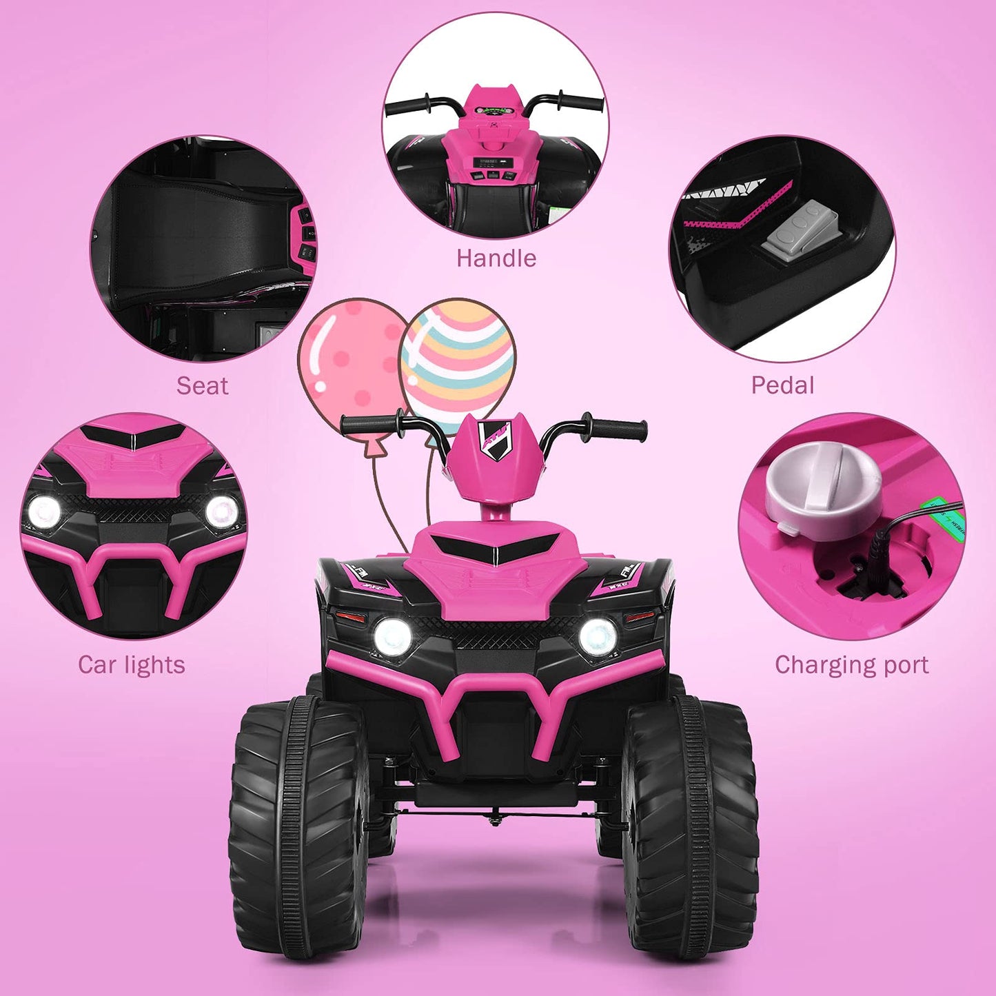 Olakids 12V Kids Ride On Atv, 4 Wheeler Electric Vehicle For Toddlers, Battery Powered Motorized Quad Toy Car For Boys Girls With Led Lights, Music, Horn, High Low Speed, Soft Start (Pink)
