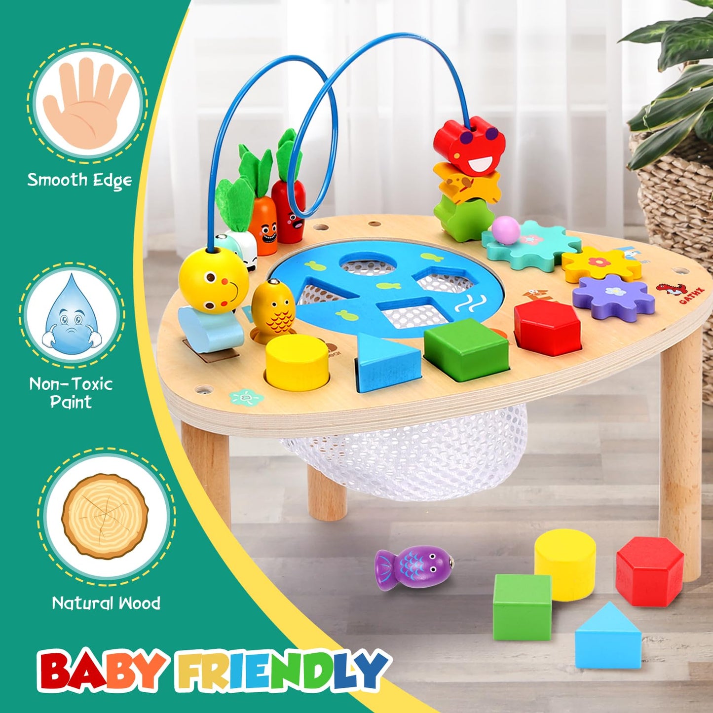 Oathx Activity Table For 1+ Year Old, 6 In 1 Wooden Montessori Activity Center Play Table With Bead Maze Shape Sorter Fishing Game, Kids Sensory Educational Toddler Learning Toys 1St Birthday Gifts