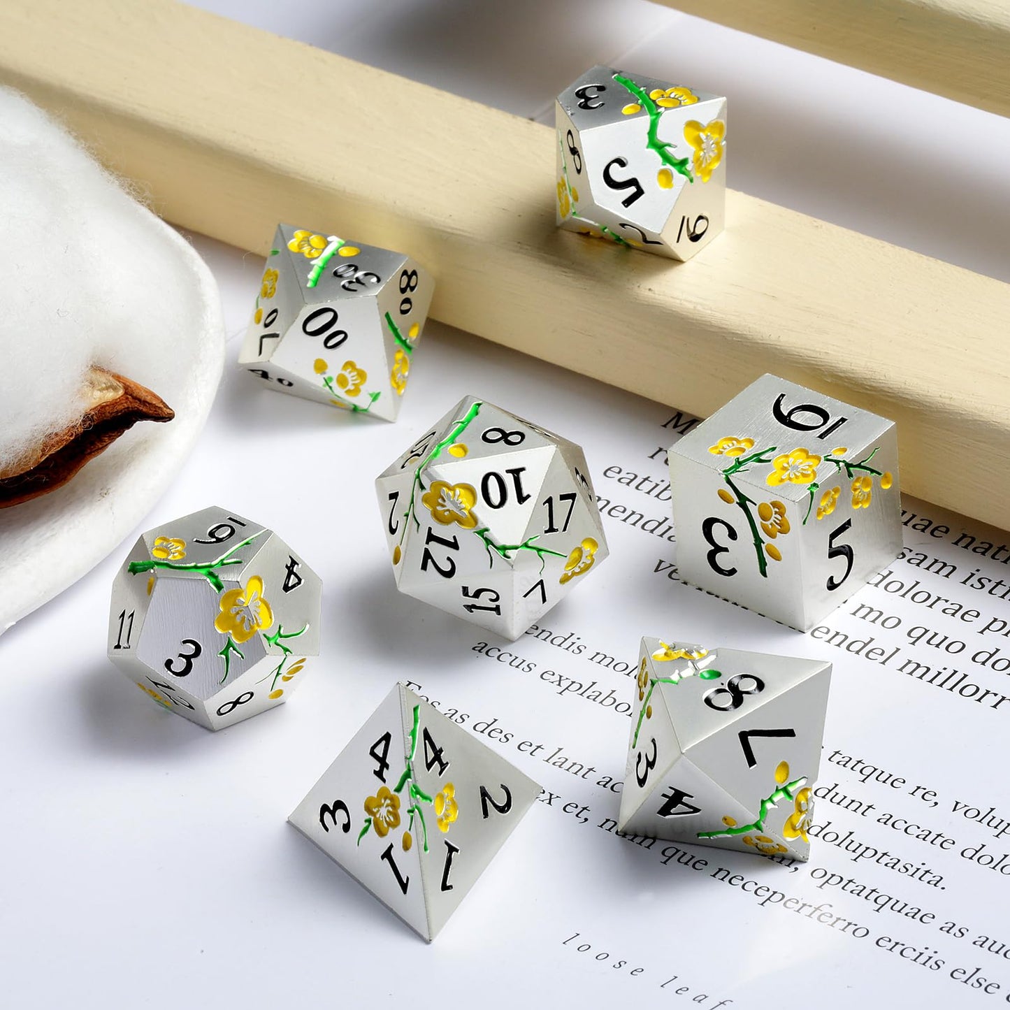 Silver Metal DND Dice, DNDND 7 PCS Heavy Flower Metallic D&D Dice Set with Grogeous Gift Case for Dungeons and Dragon Tabletop G