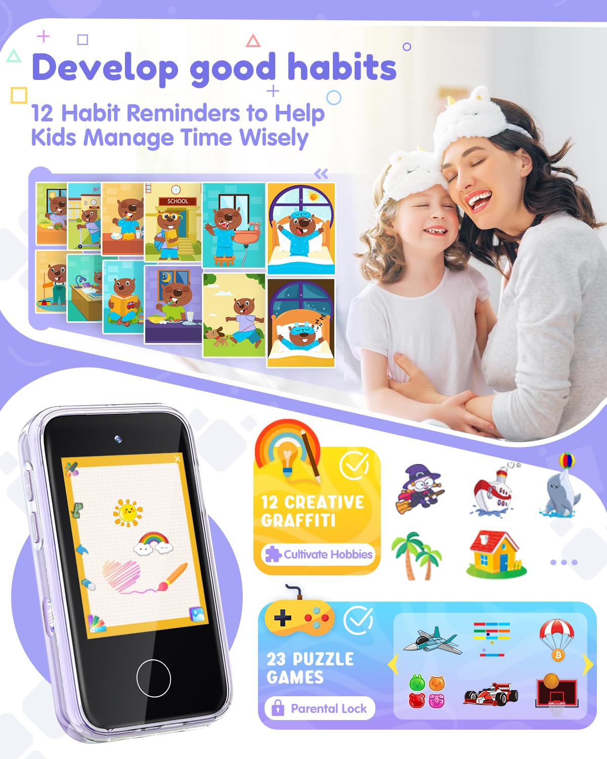 JOYJAM Phone for Kids Age 3-8,Kids Smart Phone for Girls Christmas Birthday Gifts,Toy Phone with Dual Camera Music Player Puzzle