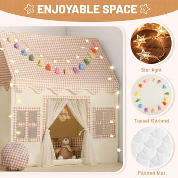 Senodeer Kids Play Tent Indoor: With Brown Checkered, Mat, Rainbow Tissue Garland, Star Lights - Toddler Girl Tent Indoor Playho