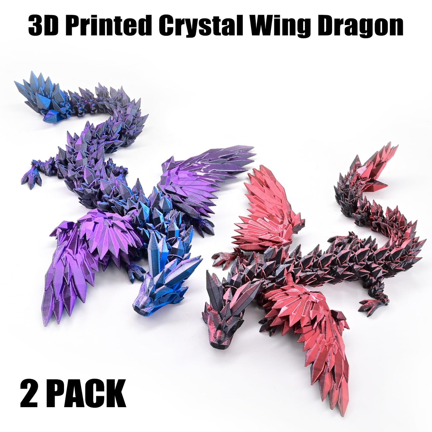 Locyfens 2 Pack 3D Printed Dragon With Wings Flying Dragon, Articulated 3D Dragon Toys, 3D Printed Crystal Wing Dragon Without D