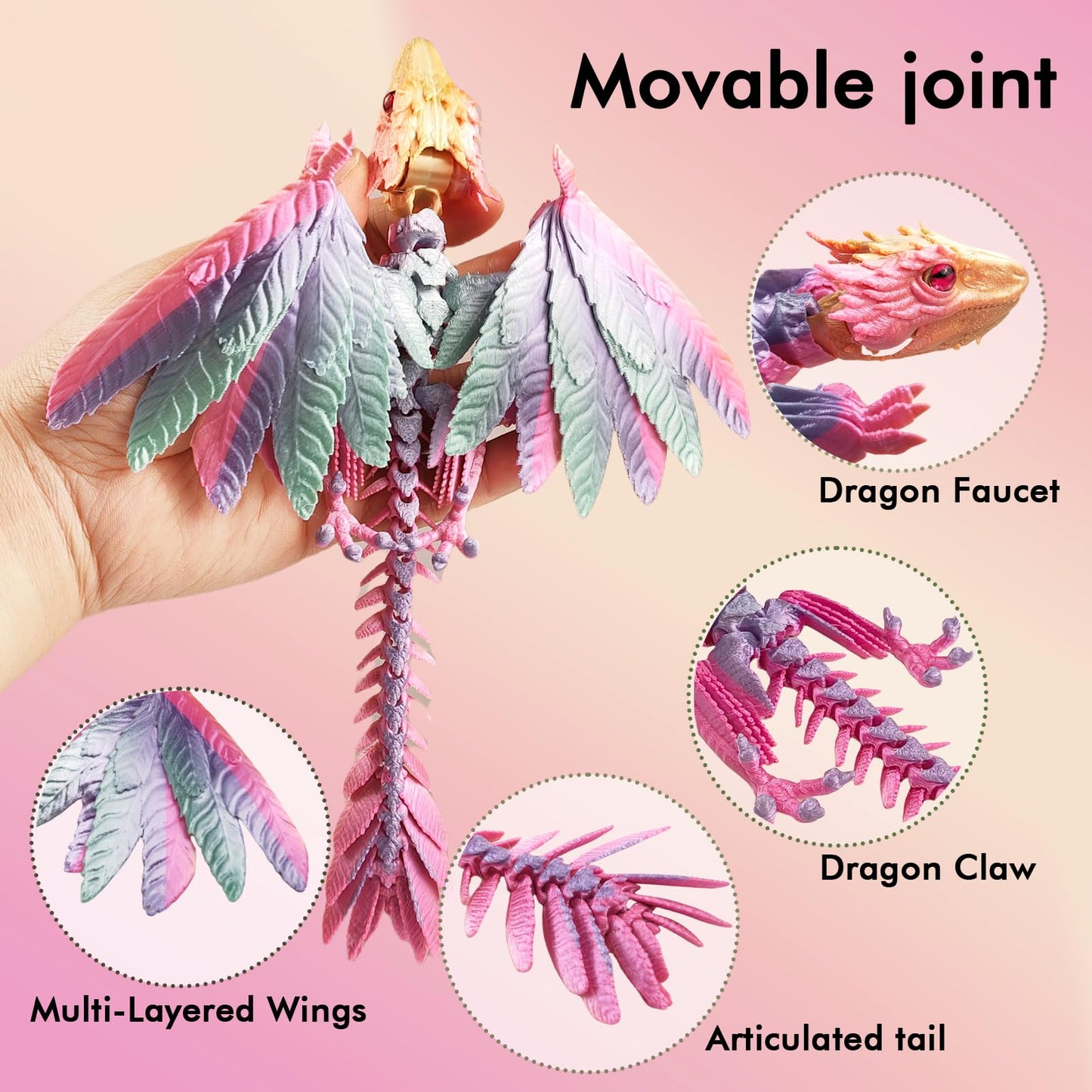 QOUXZ Dynamic 3D Printed Dragon Eggs with Dragon Inside,Wings Movable Feathered Wyvern,Full Articulated Crystal Flying Fidget Ar