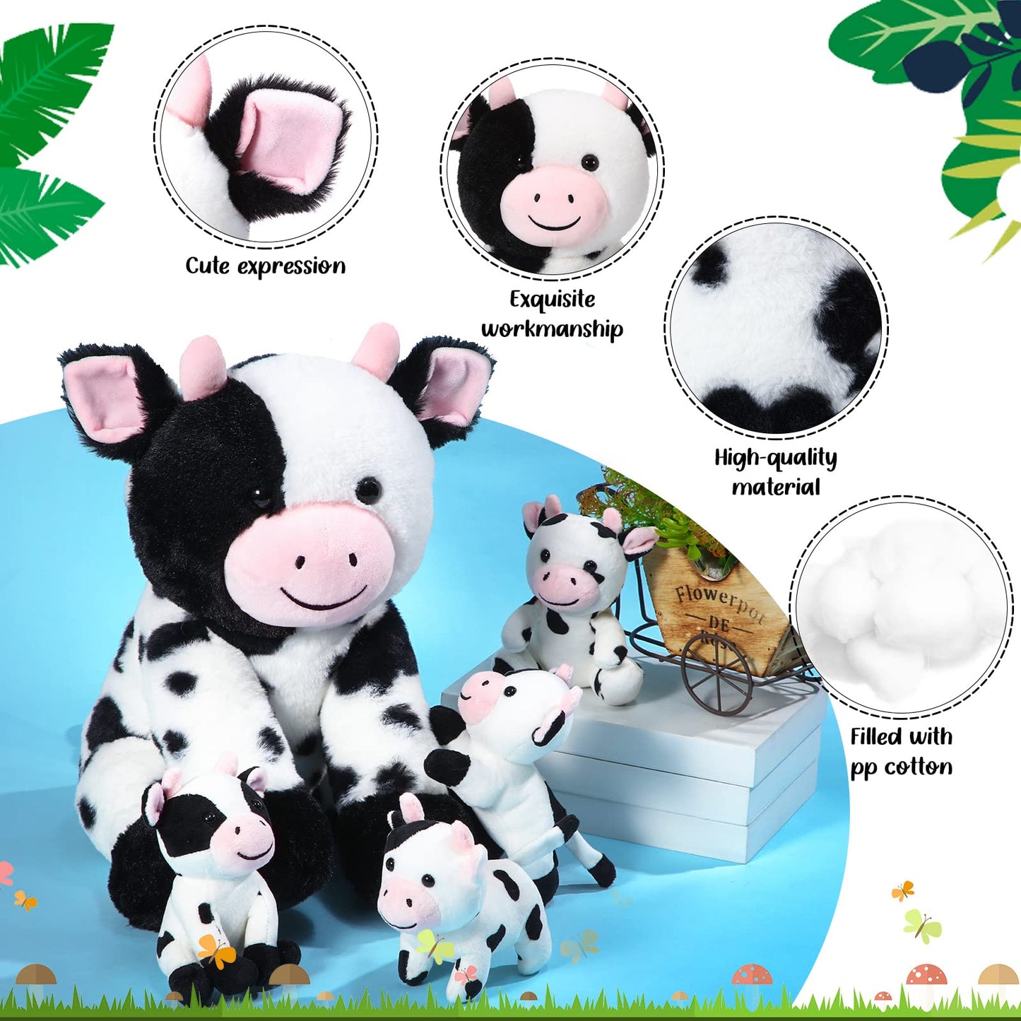 Sumind 5 Pcs Cow Plush Animals Set Mommy Cow Stuffed Animal With 4 Baby Cute Calf In Her Tummy Mommy And Baby Small Plush For Boys Girls(Cute)
