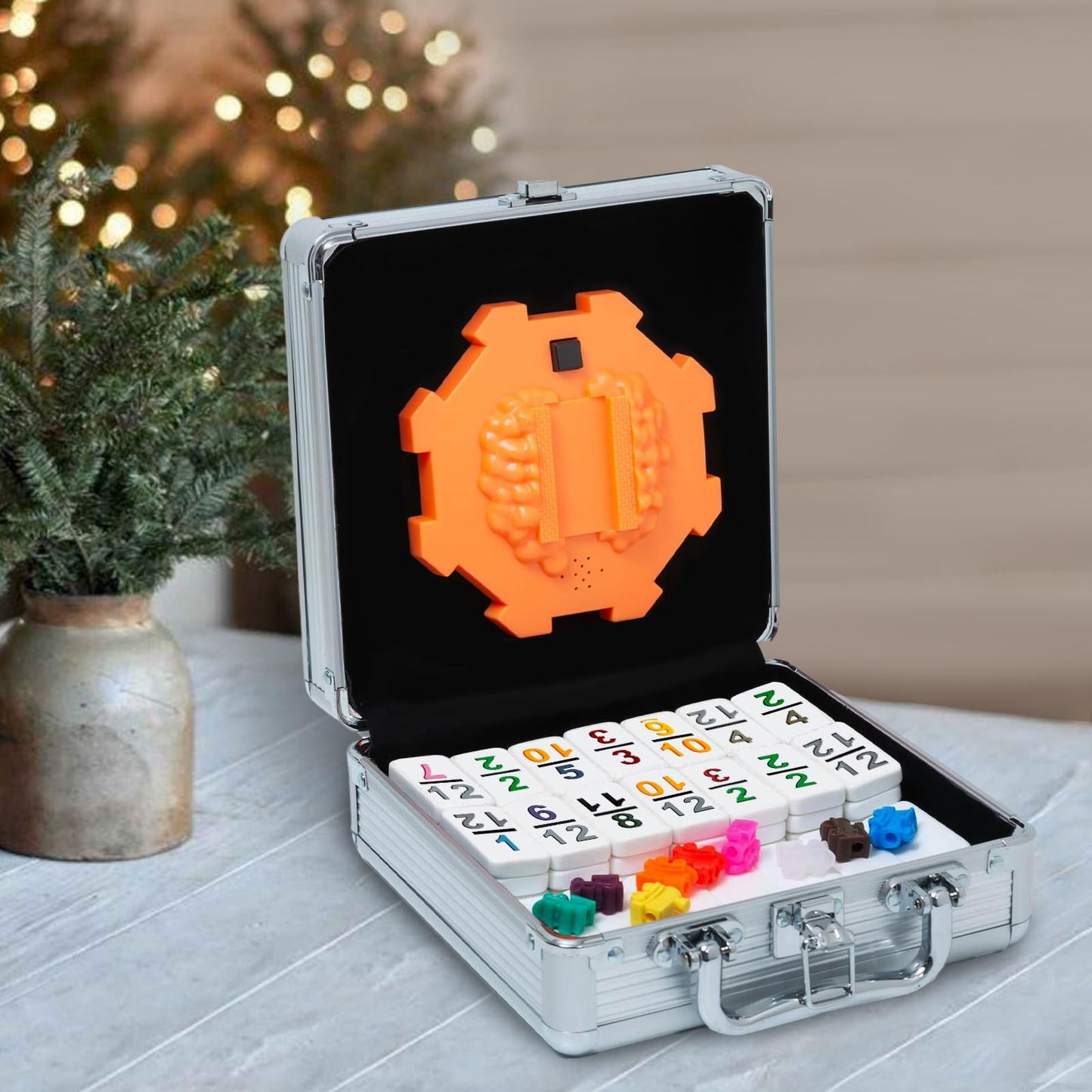 Yinlo Mexican Train Domino Set - 91 Double 12 Colored Tiles with Sound Effect, Travel Game in Aluminum Case, Orange