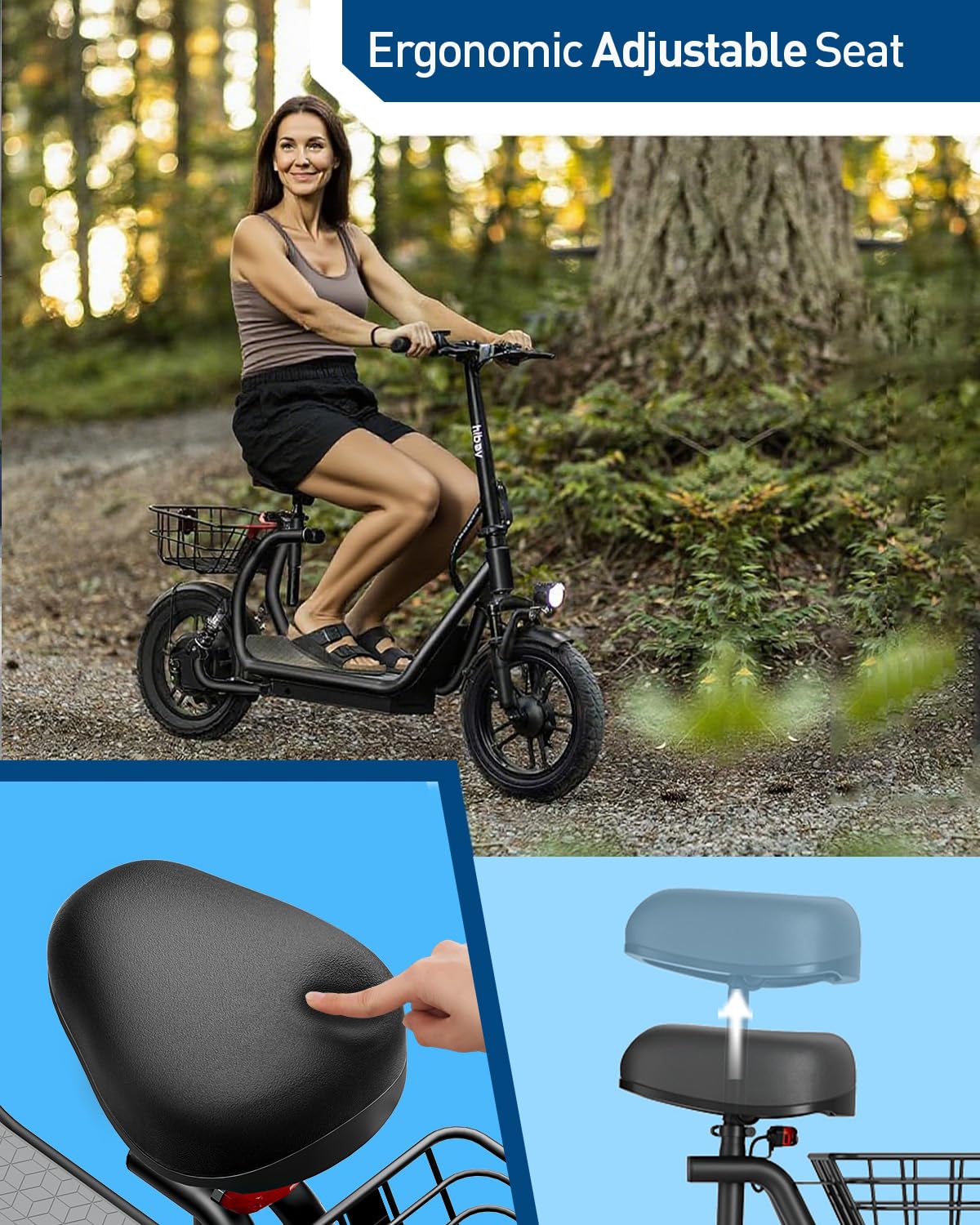 Hiboy Q2 Electric Scooter with Seat for mature-themeds 500W Peak Motor 20MPH 22 Miles Range Foldable Dual Suspension Front & Rear Drum Brakes Commuter E Scooter with Basket & Phone Holder Pure Black