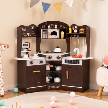 HONEY JOY Corner Play Kitchen, Toddler Wooden Toy Kitchen Set w/Lights, Coffee Maker, Microwave, Sink, Faucet, Little Chef Prete
