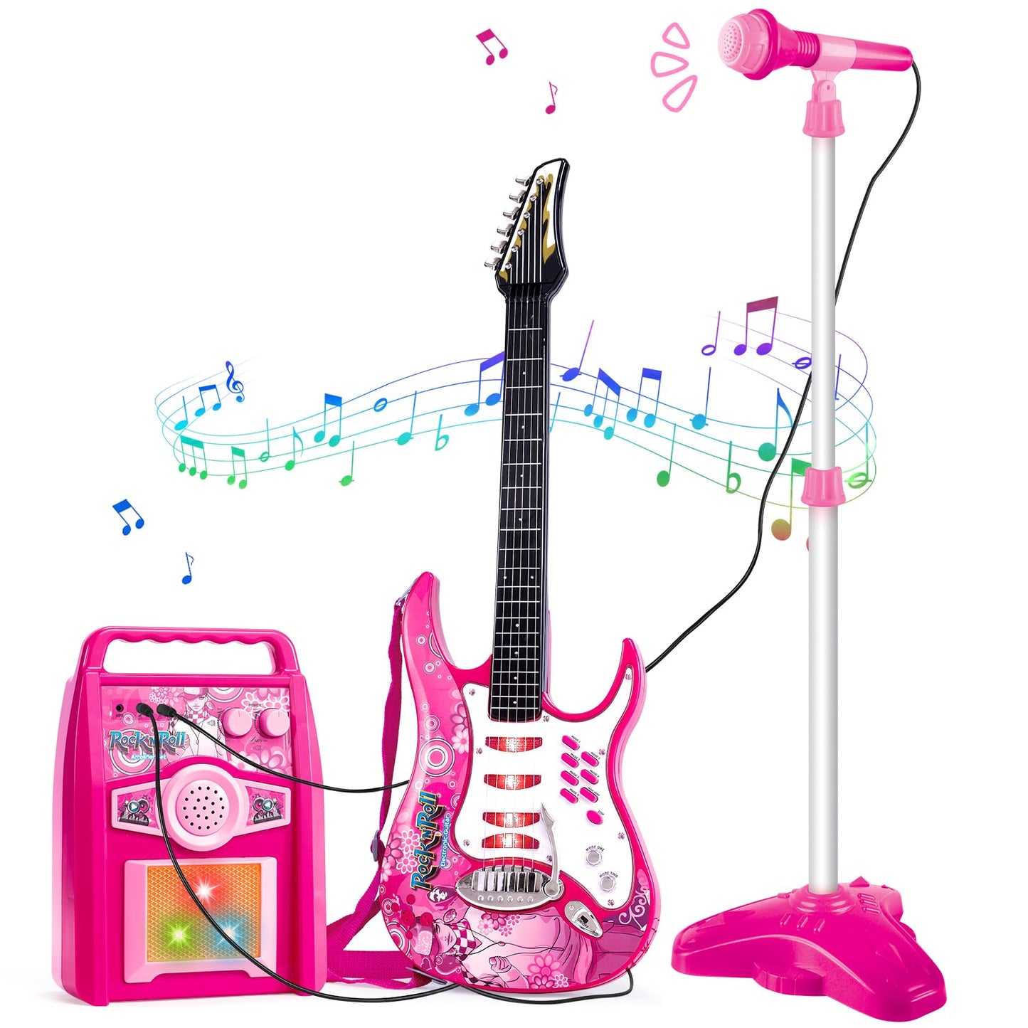 Deao Musical Guitar Play Set,Djustable Height Microphone,Amplifier Set With Stand,Music Light Karaoke Music Toys Birthday For Kids Boys Girls