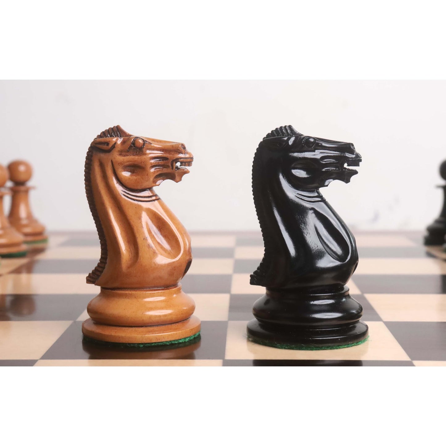 Royalchessmall- 1849 Original Staunton Chess Set- Chess Pieces Only- Lacquered Distress Antiqued Boxwood & Ebony- 4.5'' King