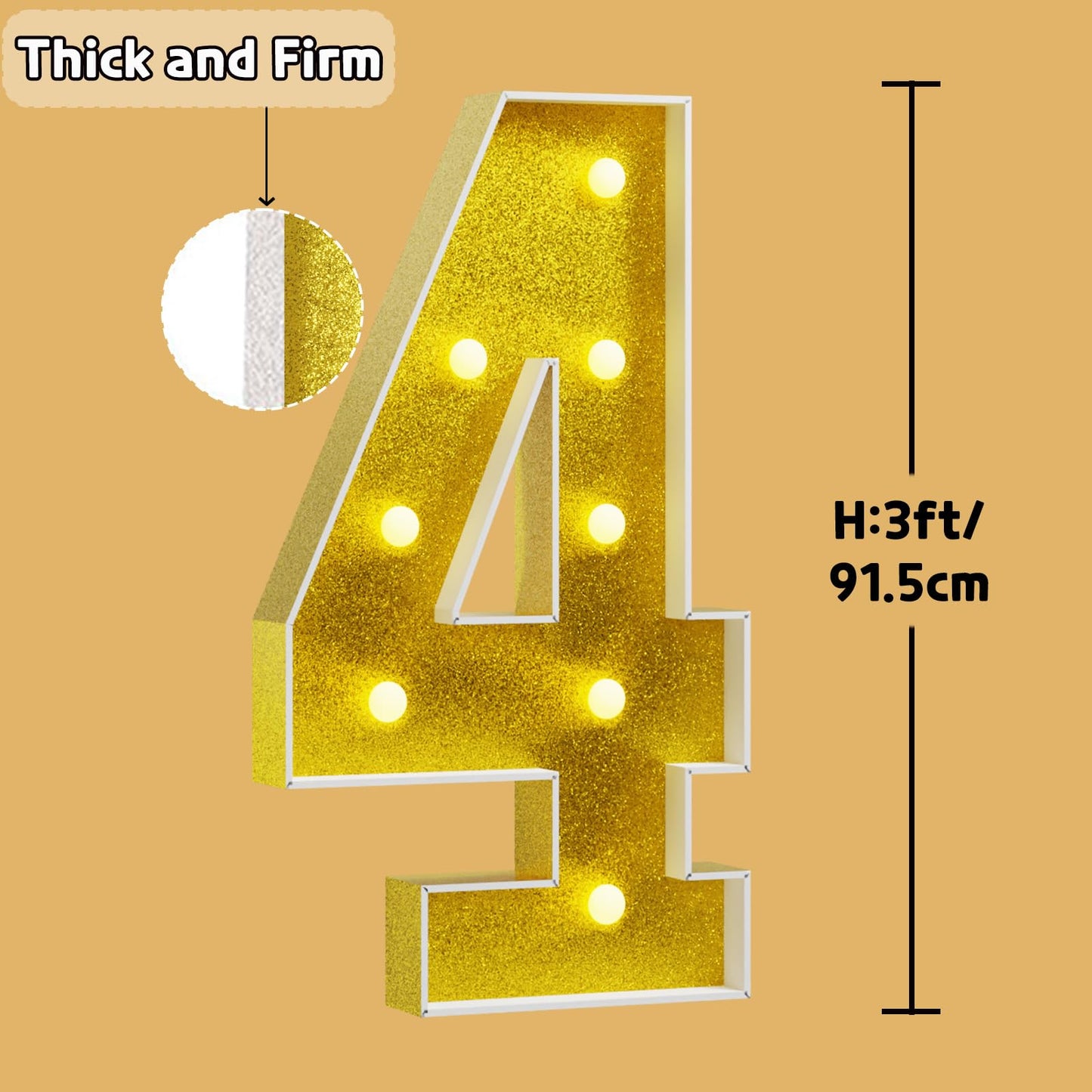 Imprsv Marquee Numbers Gold 3Ft: Golden Party Decor - Light Up Number 4 Large 3 Feet Tall - Birthday Decorations For Him Her 4Th