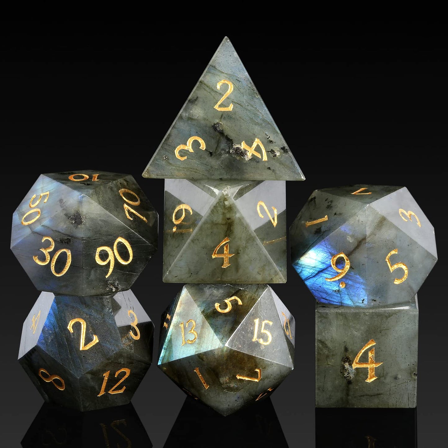 Labradorite Gemstone Dice Set DND,DNDND Full Set Real Stone Dice Set with Grogeous Gift Case for Dungeons and Dragon and Tableto