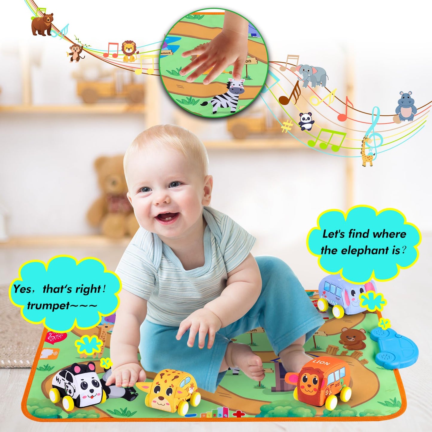 New Pull Back Vehicle & Music Mat Set, Soft Baby Toy Set With 4 Cute Animal Cars And Touch Play Blanket, New Interactive Mode, F