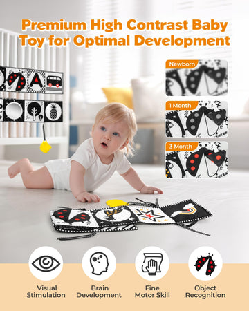 Melican Black And White High Contrast Baby Toys 0-6 6-12 Months, Soft Book With Teether, Newborn Infants Tummy Time Toys, 0-3 3-