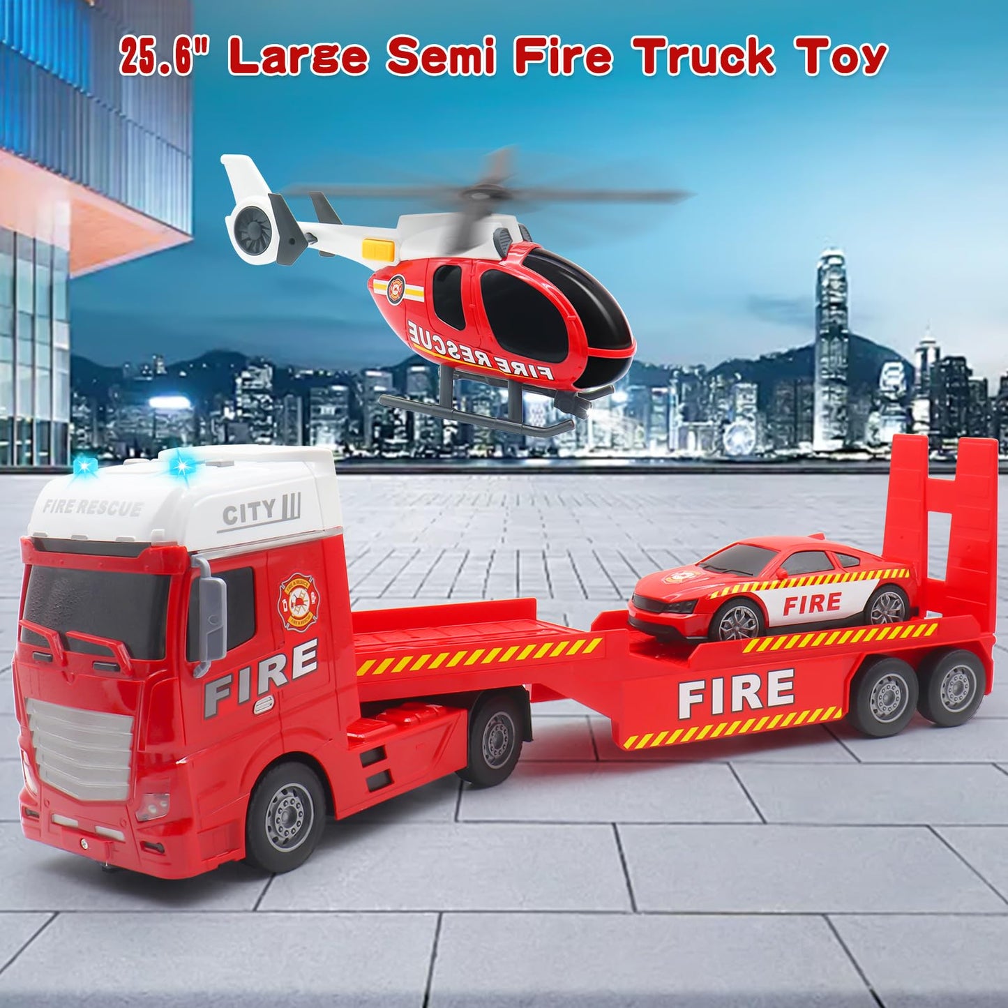 Yiwsnust Large Flatbed Semi Truck Toy For Kids, 25.6 Big Fire Truck Toy With Flatbed Trailer, Helicopter And Fire Police Car, Fr