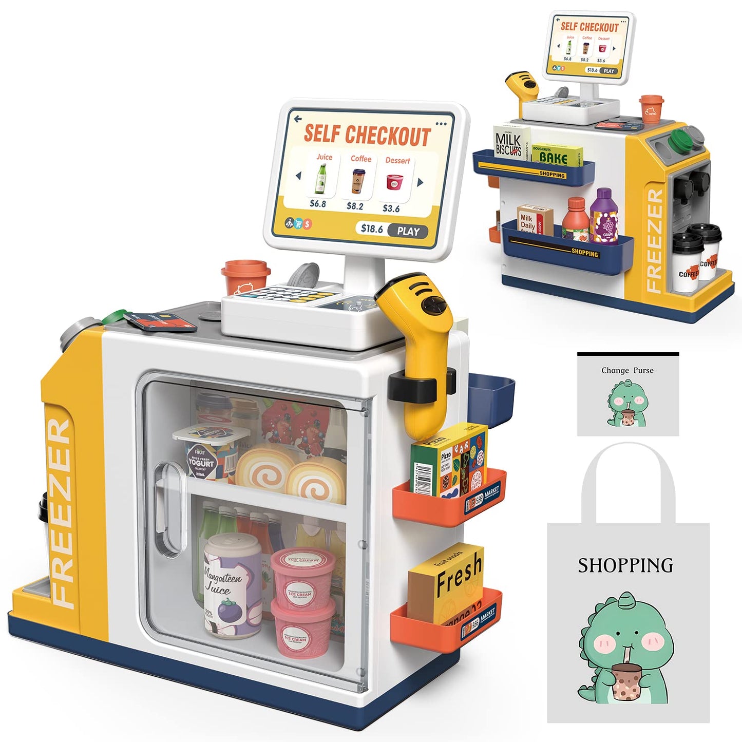 POFJOEQ Cash Register Playset for Kids - 48PCS Pretend Play Money, Calculator, Scanner, Credit Card and Play Food for Boys and G