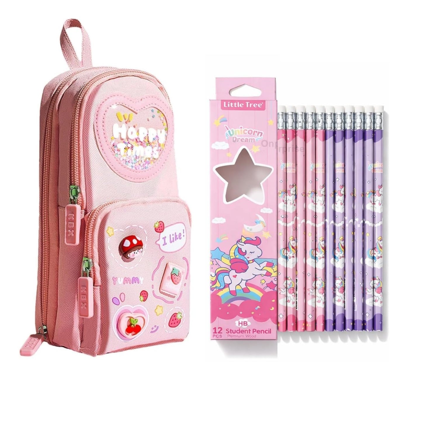 Zqiue Pink Pencil Pouch With 12 Hb Unicorn Pencils Set For Kids Girls Pencil Case With Zipper, School Stationery Kit For Writing