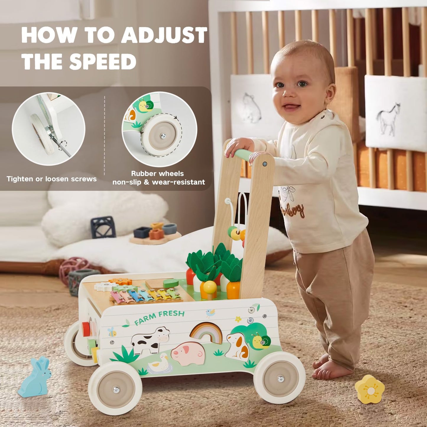 Wooden Baby Walker, Baby Push Walker, Adjustable Speed Baby Walker With Wheel, Toddler Activity Center Toys, Montessori Farm Wal