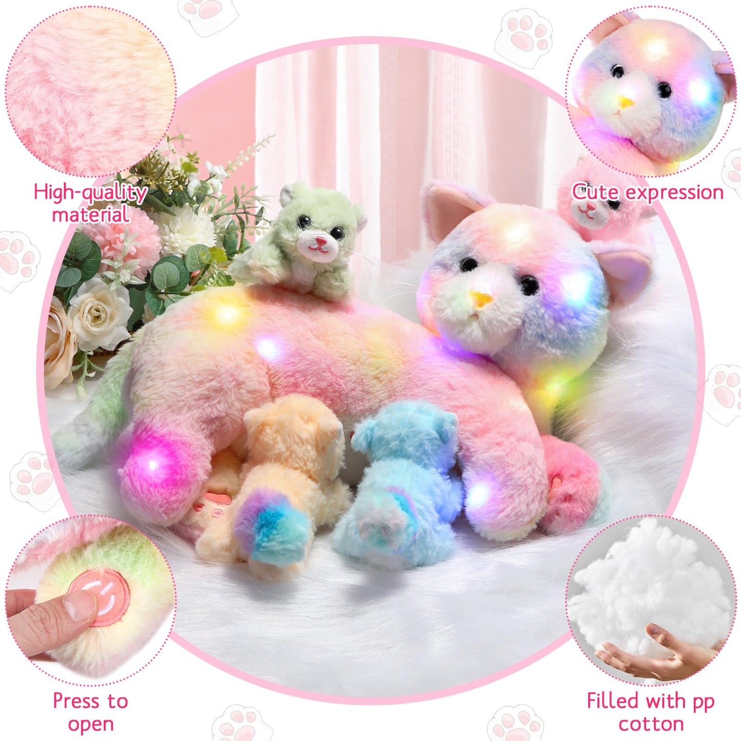 Skylety Nurturing Cat Stuffed Animal With 4 Plush Kittens, Cat Baby Stuffed For Girls And Boys Plushy Mommy Kitty With Baby Kittens For Birthday Party Favors Gifts(Led Style)