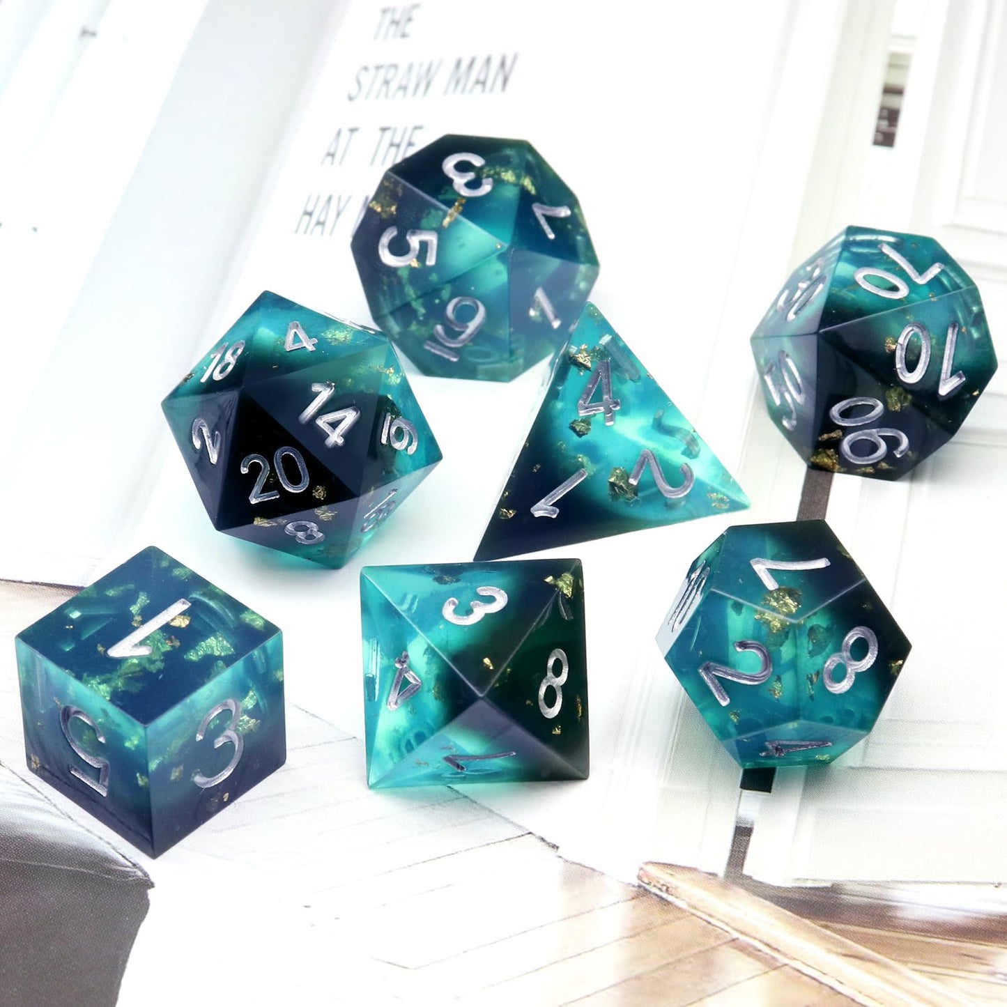 PJOY DND Sharp Edged Dice Set, 7pcs Blue and Black Resin DND Dice Set D&D Polyhedral Dice with Dice Case for Role Playing Dice G