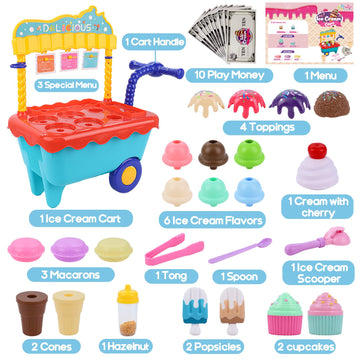 Gifts2U Ice Cream Cart Toys for Kids,45 Pcs Ice Cream Play Set,Pretend Play Store with Storage Trolley,Food Toys,Play Ice Cream