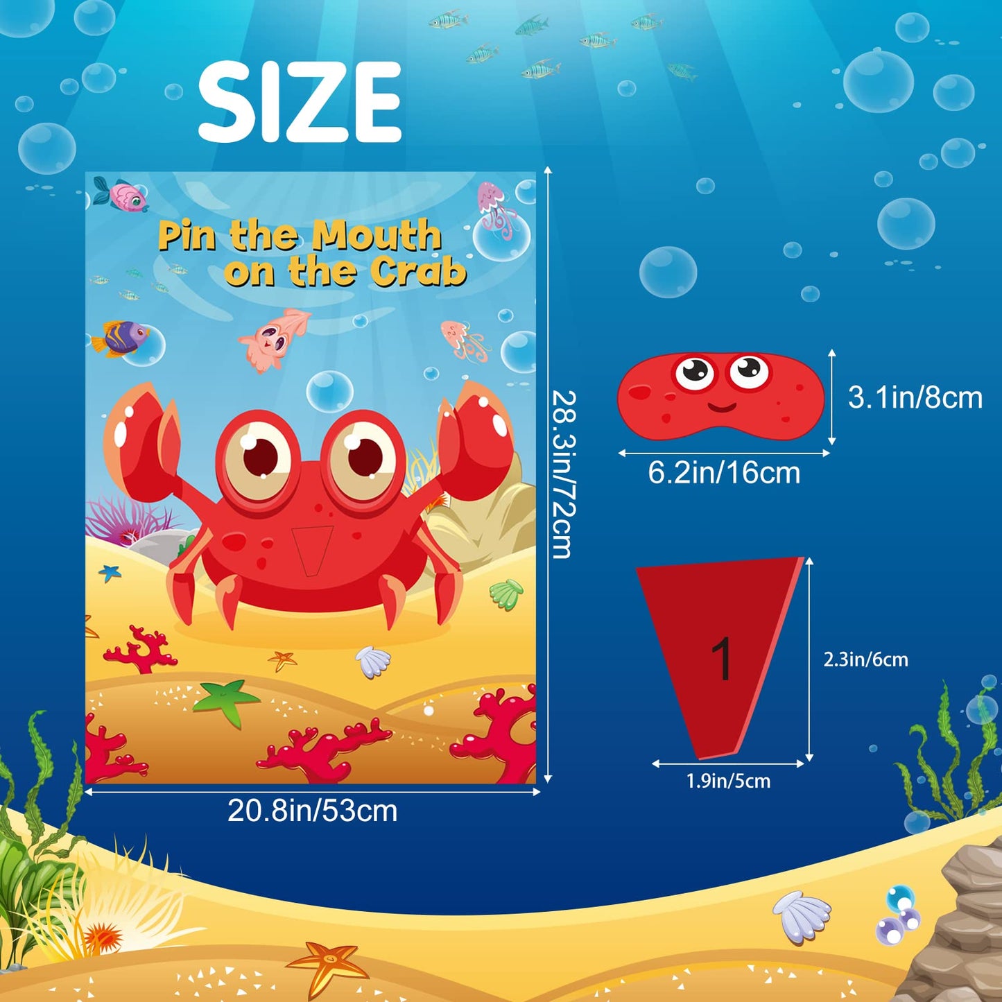Neburora 2 Pack Pin The Mouth On The Crab Party Game 2 Large 21''X 28'' Posters With 48Pcs Stickers Ocean-Themed Birthday Party