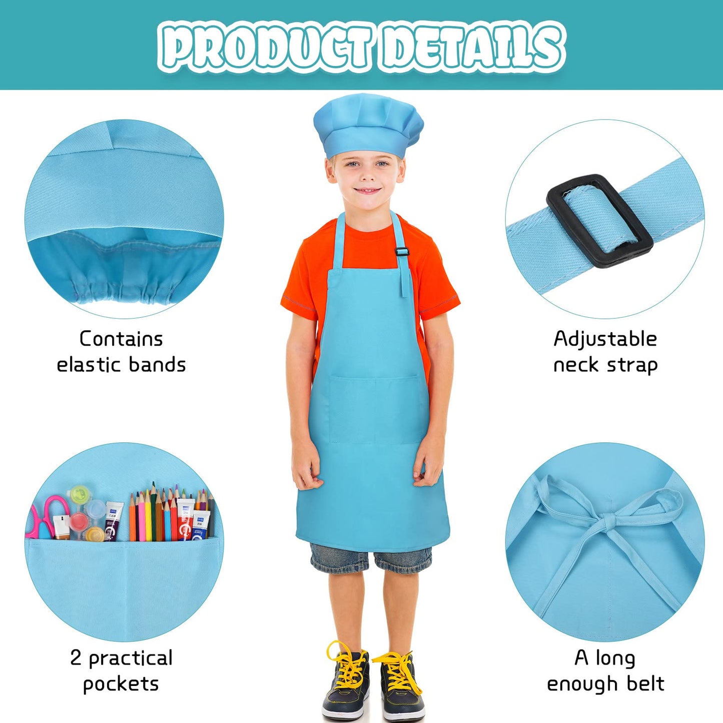 40 Pieces Kids Apron Chef Hat Set Boys Girls Aprons with Pockets Adjustable Chef Apron and Hats Bulk for Kitchen Cooking Baking