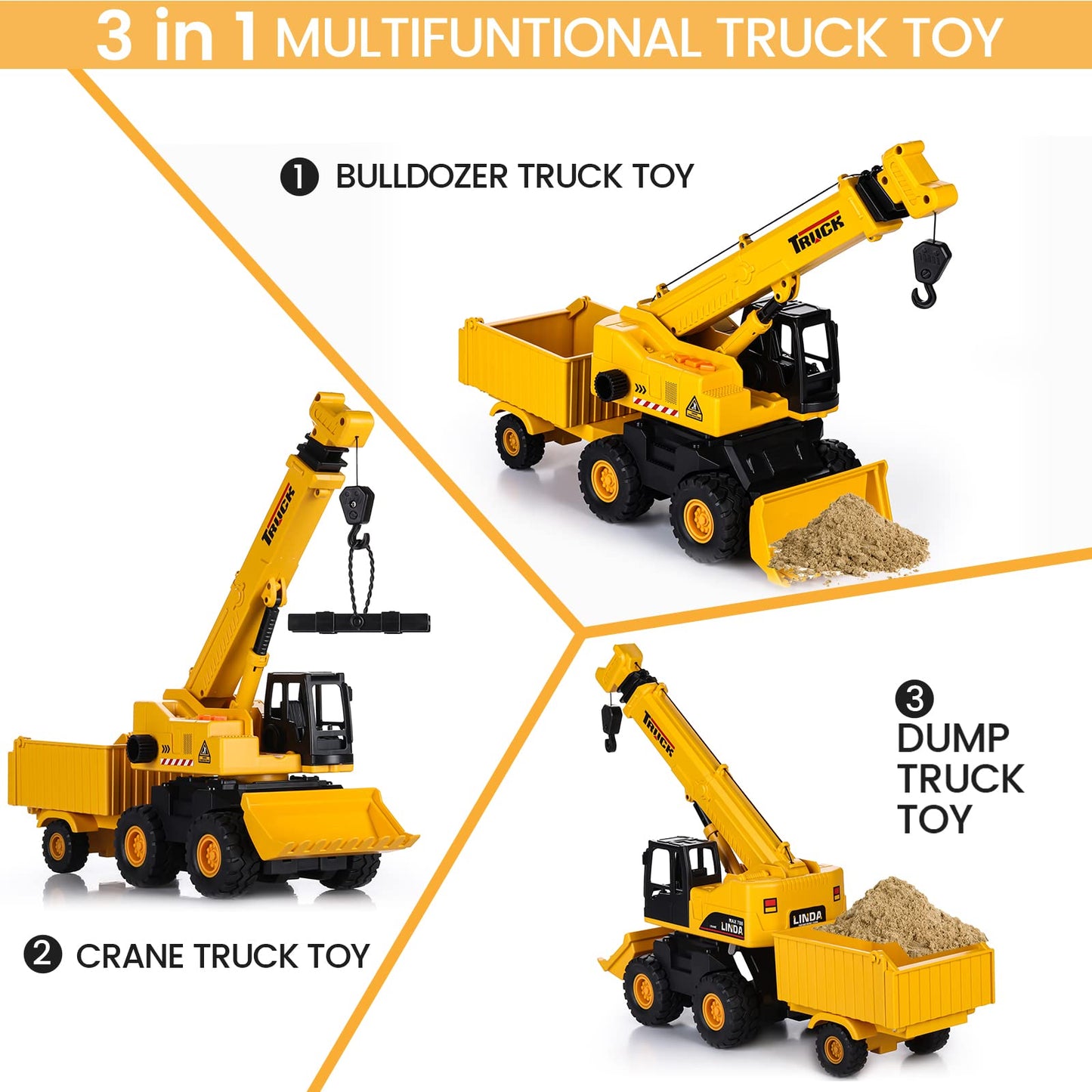 SASBSC Crane Toy Trucks - 3 in 1 Friction Powered Dump Trucks for Boys Ages 3-7, Ideal Birthday Gift, Durable Plastic