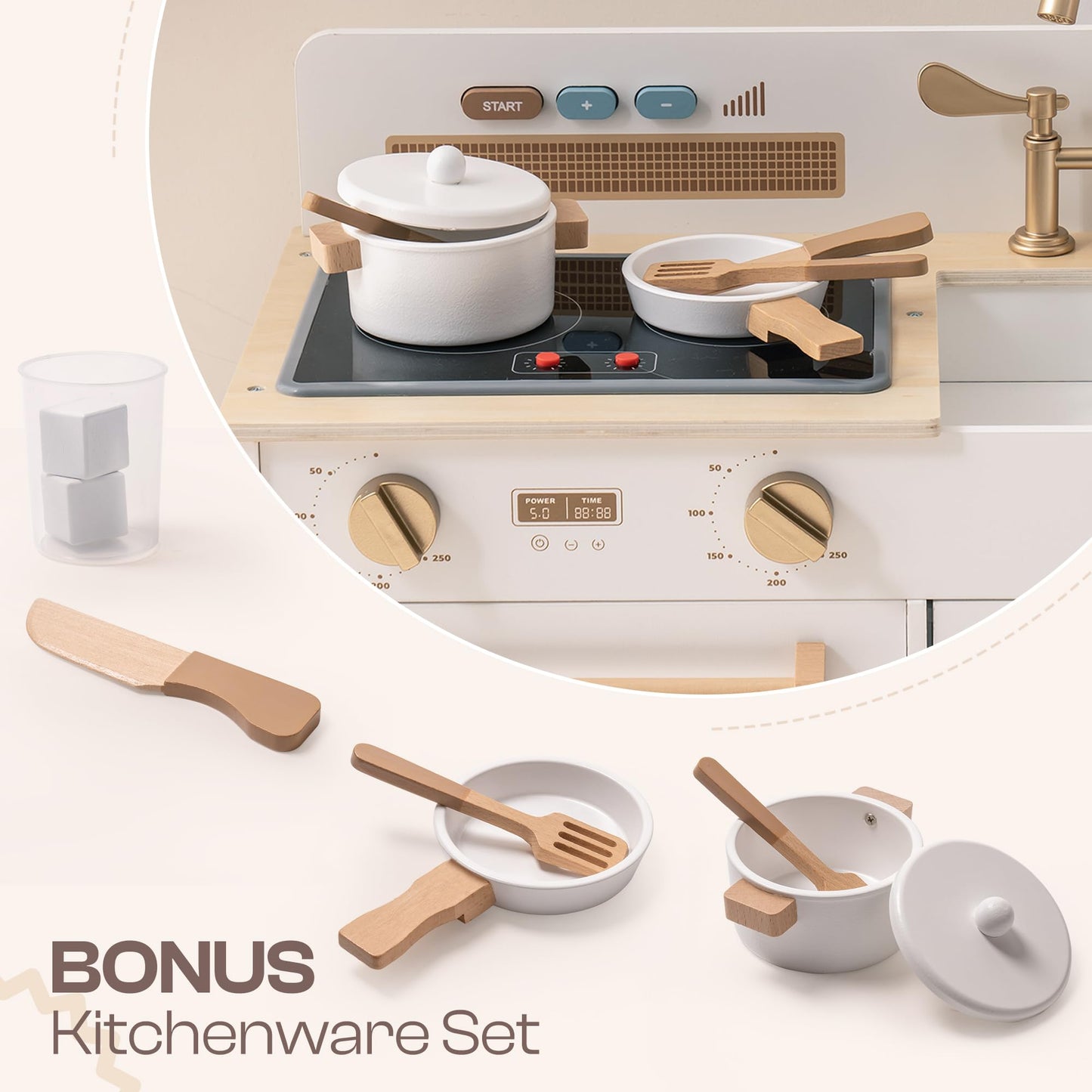ROBOTIME Play Kitchen for Toddlers, Wooden Kids Play Kitchen Playset with Real Lights & Sounds/Ice Cube Dispenser, Pretend Play