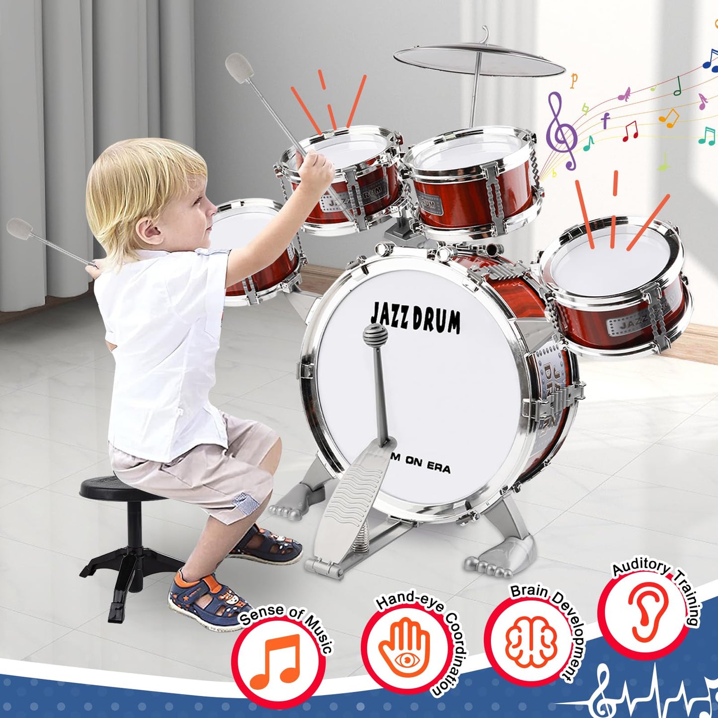 Kid Drum Set For Toddlers 1-3, Jazz Drum Set For Kids Age 3-5 With 5 Drums & Stool Musical Instruments Toy, Christmas / Birthday Gift For 1-3 4 5 Year Old Boys Girls