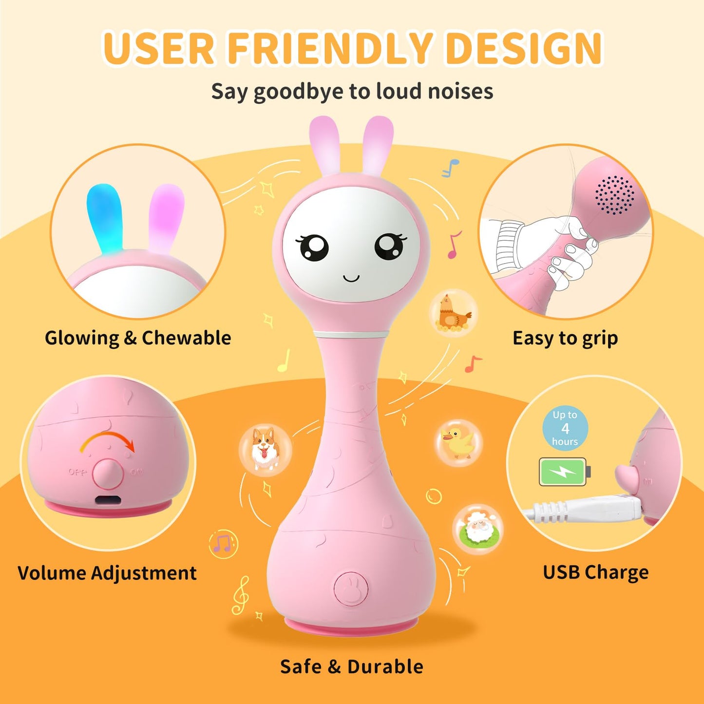 Alilo Smarty Bunny Baby Rattle Musical Light Up Toys, Infants Newborns Baby Toys 0-3-6-12-18-24 Months,1 Year Old Boy Girl Easter Gifts, 4 Music Modes And Color Recognition Function With 9 Color Card