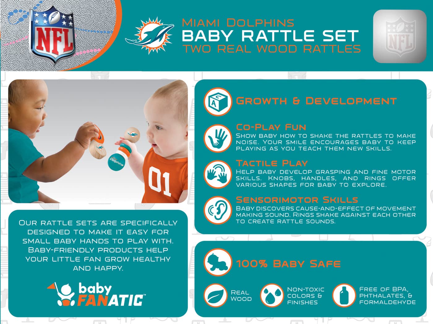 Babyfanatic Wood Rattle 2 Pack - Nfl Miami Dolphins - Officially Licensed Baby Toy Set