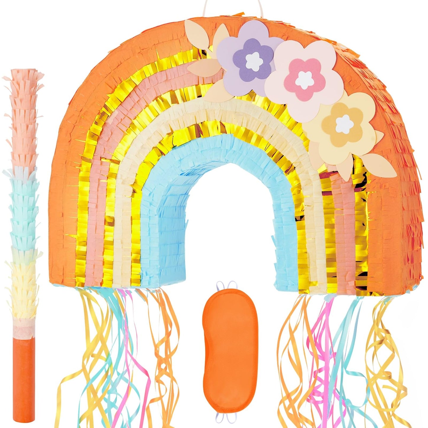 Wernnsai Rainbow Piñata - Rainbow Pull String Piñata With Bundle With Blindfold And Bat For Girls Kids Piñata Boho Theme Birthday Party Decoration Game For Baby Shower Carnival Summer Party Supplies