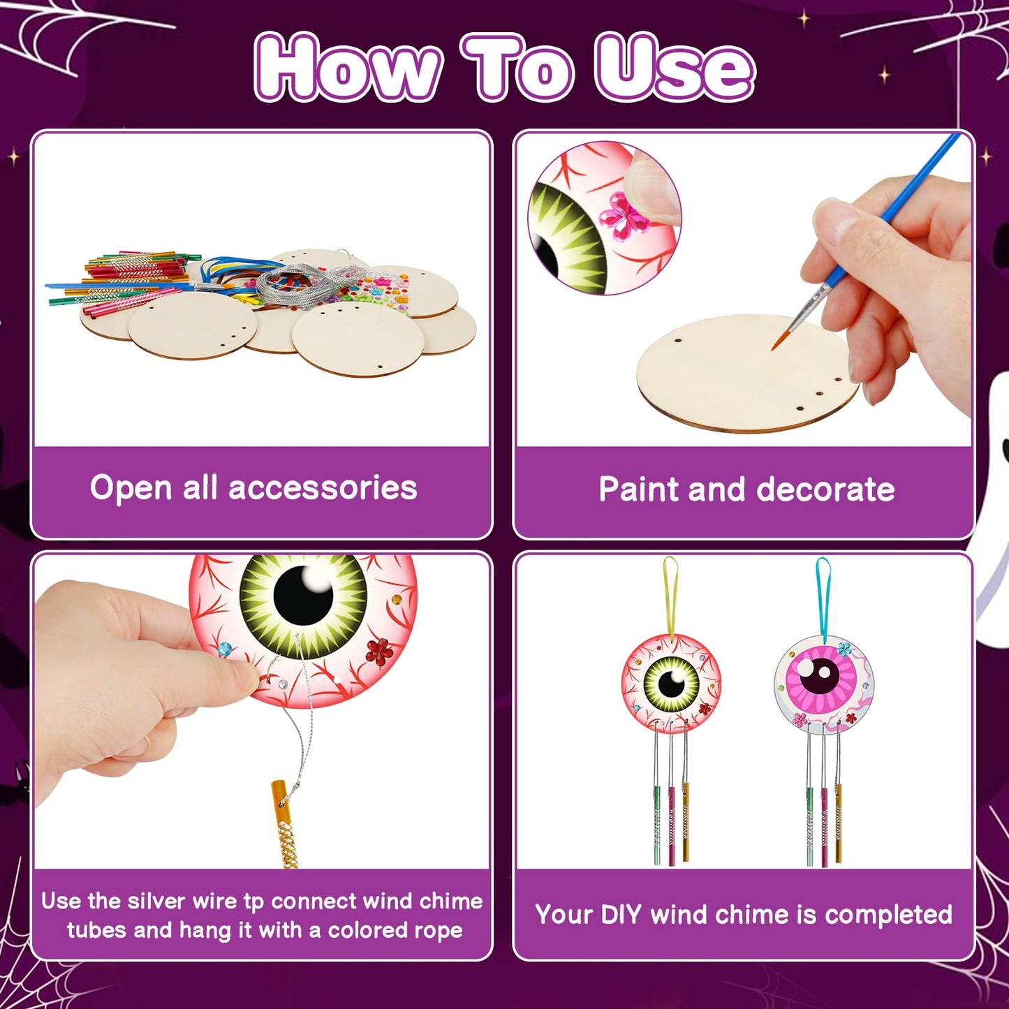 Fennoral 9 Pack Halloween Wind Chime Kit For Kids Make You Own Eyeballs Wind Chimes Diy Paint Wooden Art And Craft For Girls Boy