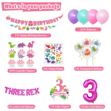 Mpanwen Girl Dinosaur Birthday Party Decorations, Three Rex Pink Dinosaur Dino Party Supplies For Girls Baby - Banner, Cake, And