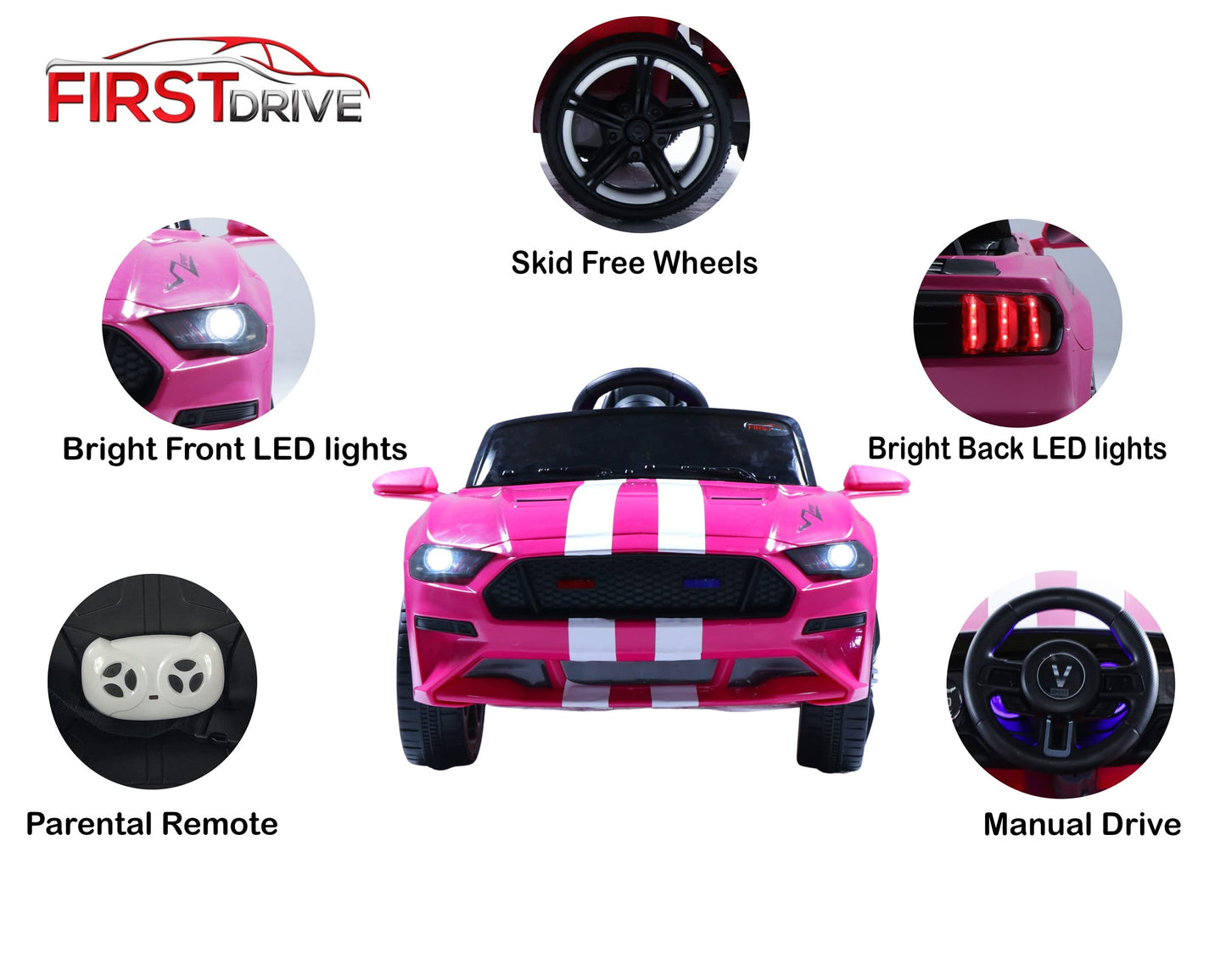 First Drive Mustang - 12V Power Battery Dual Motor Wheels- Kids Electric Ride-On Toy Car With Remote Control, Mp3 Music Playback
