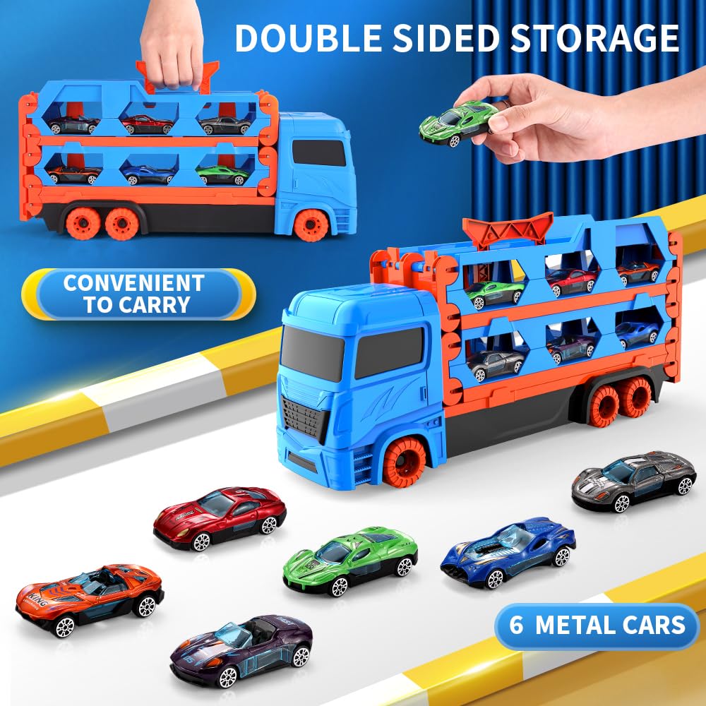 Tiaoniao Transport Truck Toy For Kid, 61-Inch Dual Race Track And Eject Car, 6 Metal Cars And Foldable Storage Carrier Truck Set