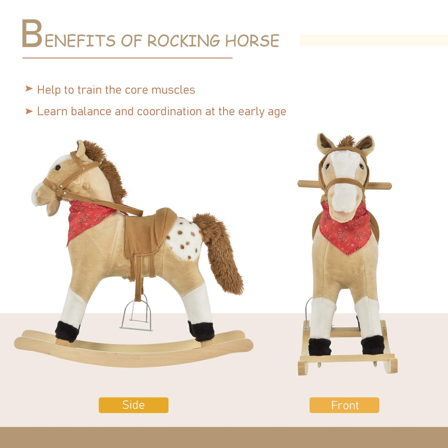 Qaba Kids Plush Ride-On Rocking Horse Toy Cowboy Rocker With Fun Realistic Sounds For Child 3-6 Years Old, Beige