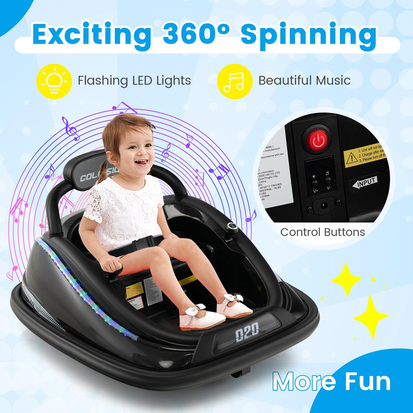 Olakids Bumper Car For Toddlers, 12V Kids Electric Ride On Toy With Remote Control, Battery Powered Vehicle Racer For Baby, 360 Degree Spin Rotation, Colorful Flashing Led Lights, Music (Black)