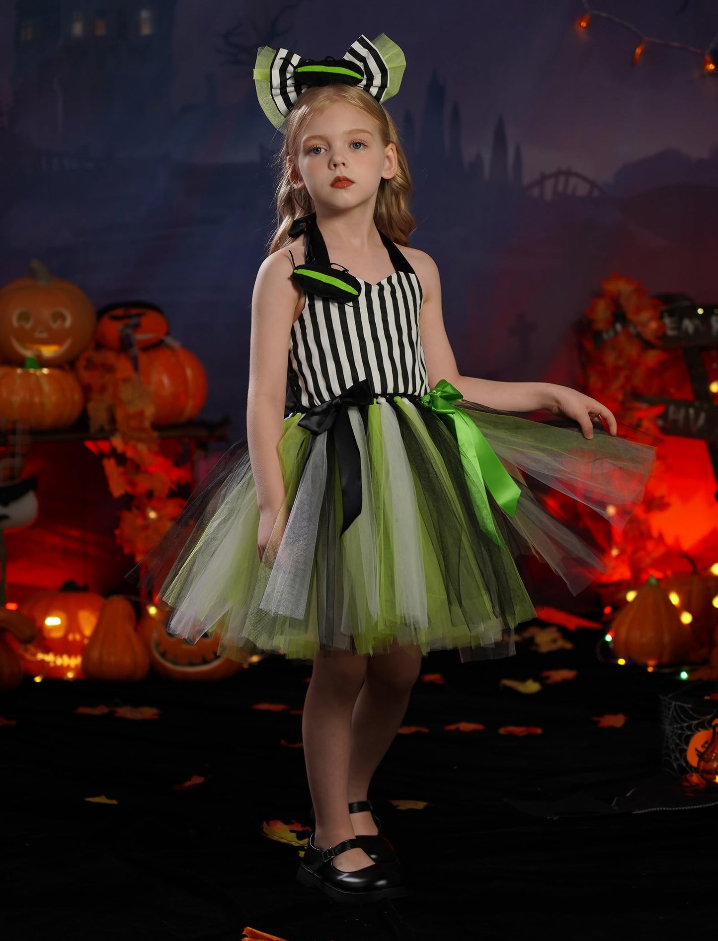 Obeeii Kids Girls Halloween Costume Black White Stripe Tulle Tutu Dress With Headband Set Little Girls Carnival Fancy Dress Blac