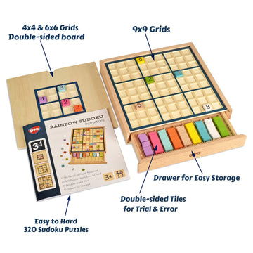 Bohs Wooden Rainbow Sudoku Puzzle - 3 In 1 Easy To Hard - With Sudoku Book Of 320 Puzzles - Desktop Brain Teaser Game Toys