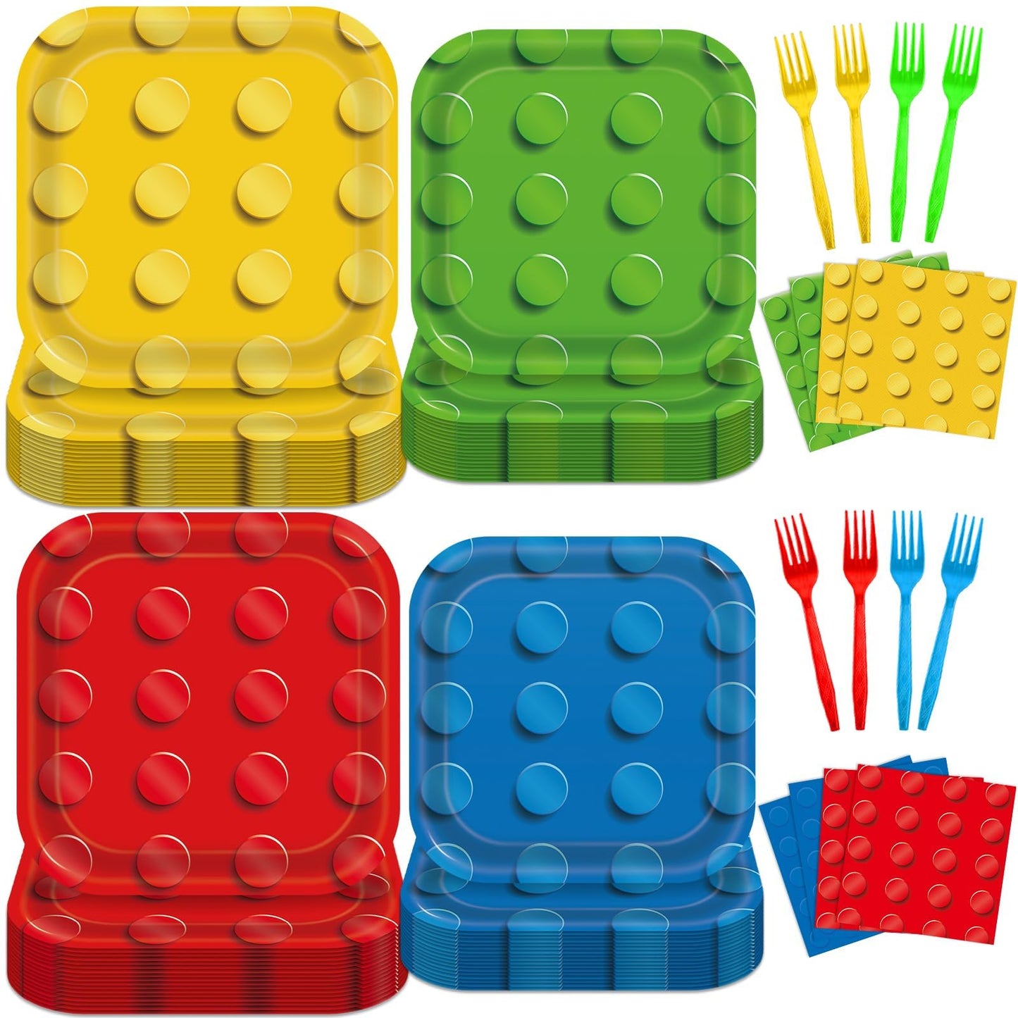 OBUSATT 96PCS Building Block Party Supplies Building Bricks Themed Party Plates and Napkins Colorful Blocks Bricks Square Paper