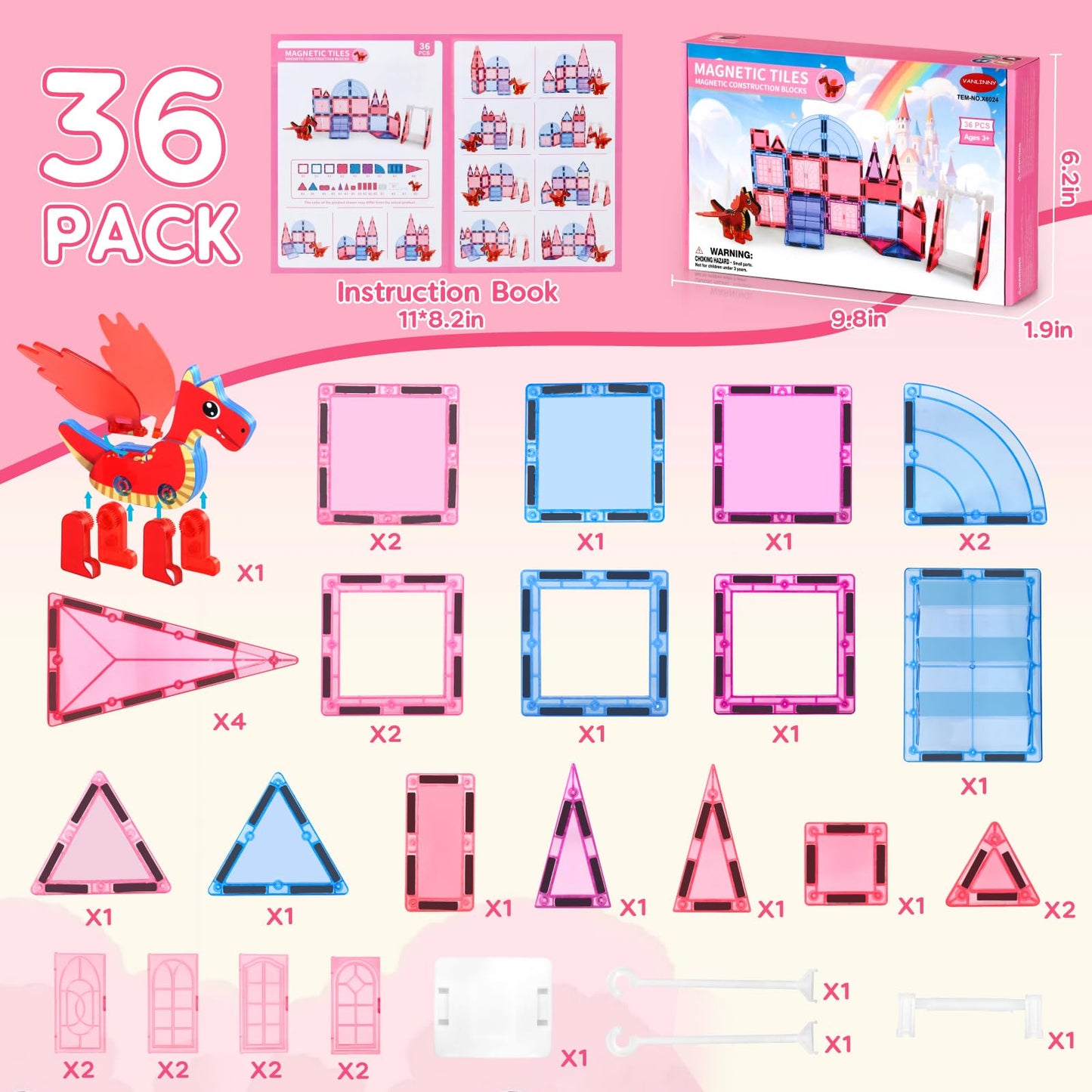 Magnetic Tiles for Kids Age 4-8 with Dragon, 36 Piece Princess Castle Magnet Tiles for Girls, Movable Dragon Toys for 3+, Creati