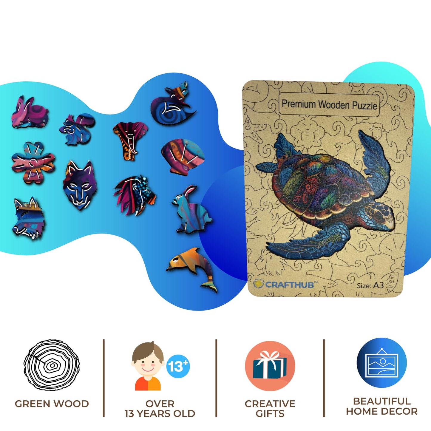Cafthub Wooden Jigsaw Puzzles A4 - Animal Shaped - Wooden Puzzles For Adults And Family (Colorful Sea Turtle)