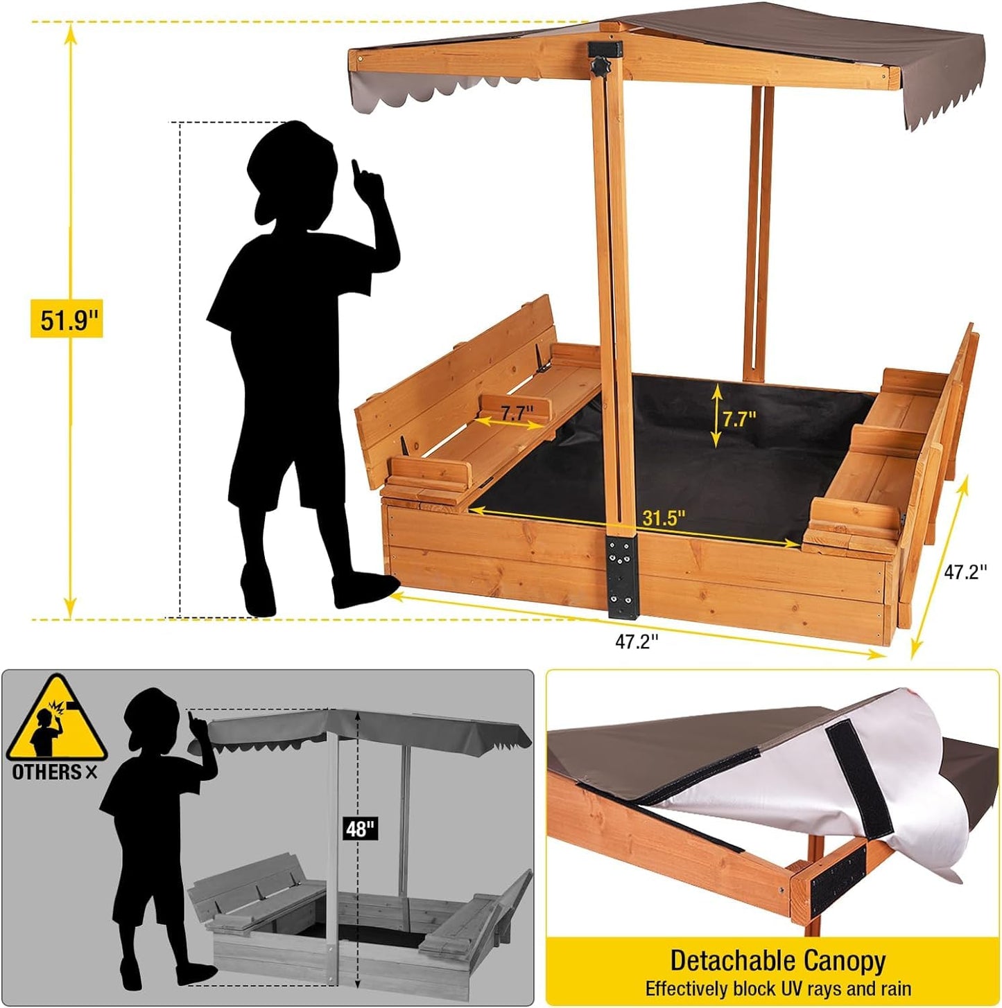 Aivituvin Kids Sand Boxes With Canopy Sandboxes With Covers Foldable Bench Seats, Children Outdoor Wooden Playset - Upgrade Retr