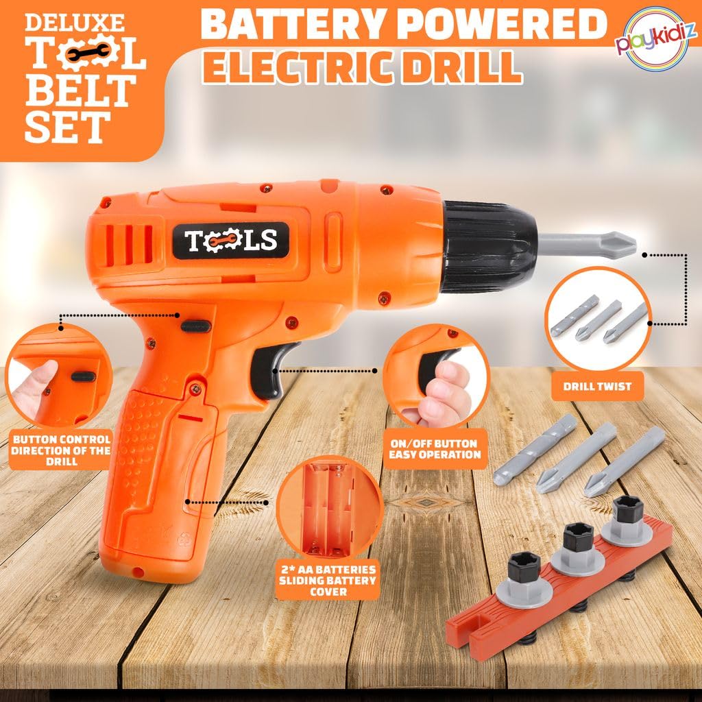 Playkidiz 20Pcs Kids Tool Set - Kids Tool Belt with Electronic Drill Toy, Pretend Construction Durable Toddler Tool Set for Boys