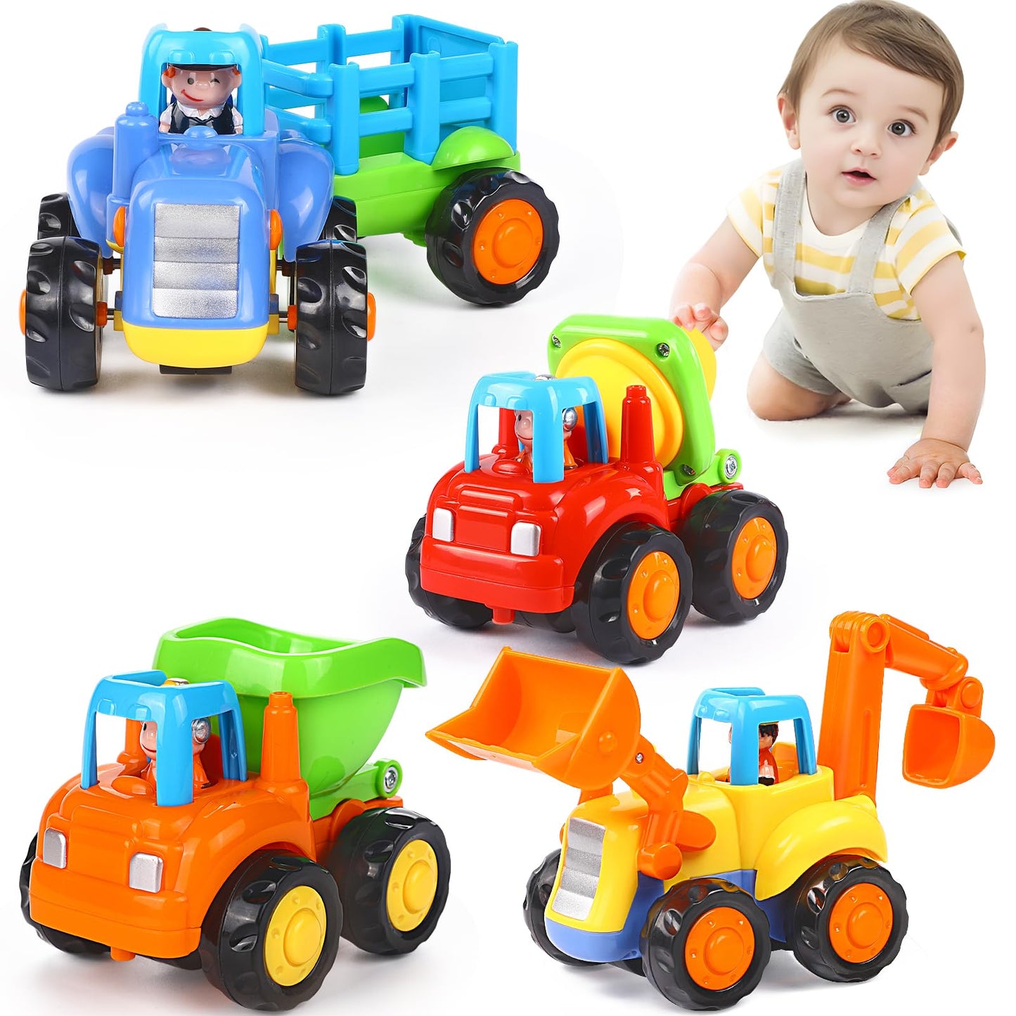 Orwine Inertia Toy Early Educational Toddler Baby Toy Friction Powered Cars Push And Go Cars Tractor Bulldozer Dumper Cement Mixer Engineering Vehicles Toys For Children Boys Girls Kids Gift 4Pcs