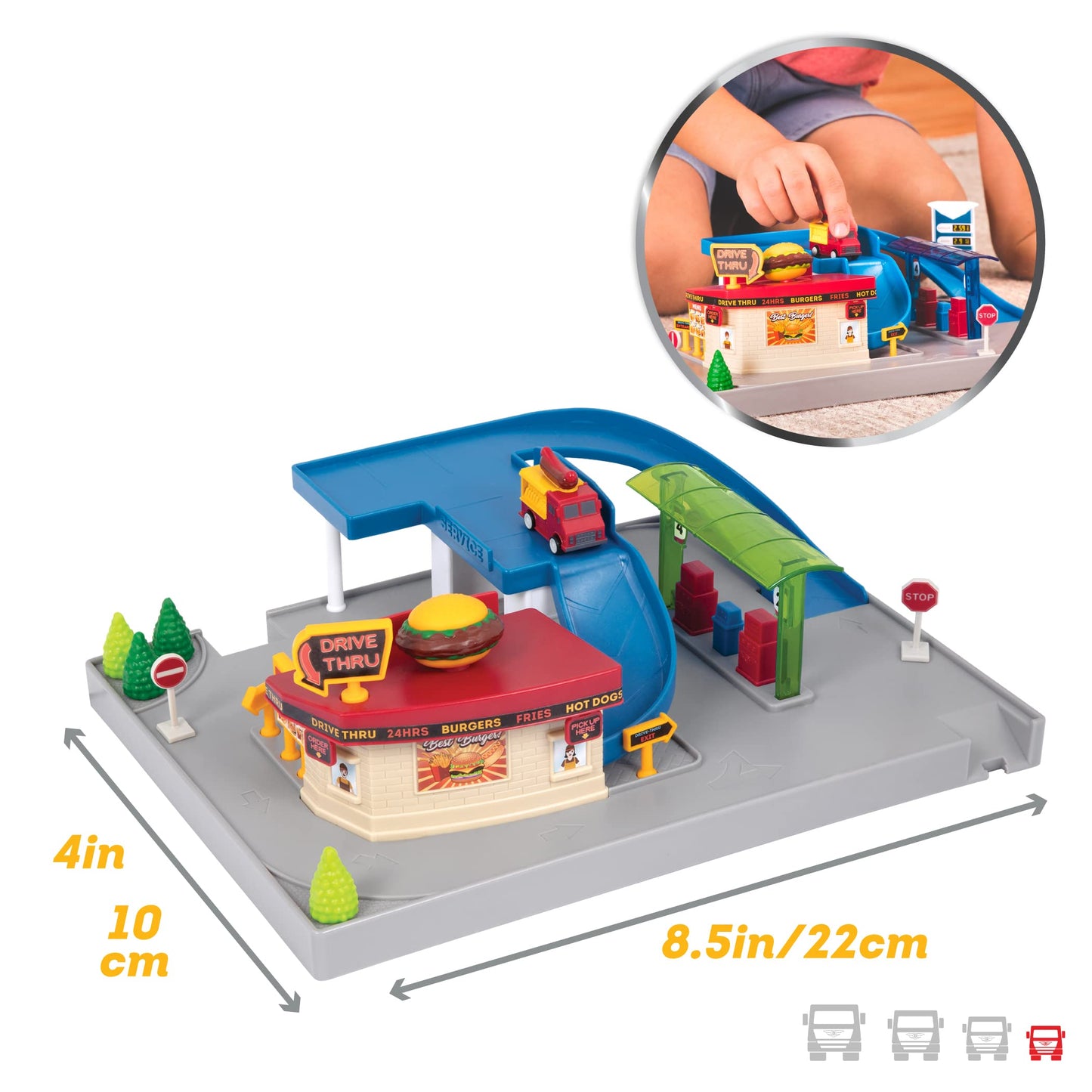 Driven By Battat Kids Gas Station & Drive-Thru Restaurant Playset With Food Truck - Toddler Boy Toys With Moving Parts - Compatible With Pocket Series Tracks - Toddler Toys